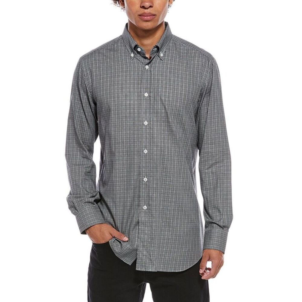 Brioni Mens  Plaid Button Up Dress Shirt, Black